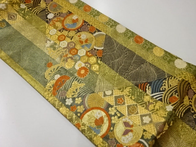 JAPANESE KIMONO / VINTAGE FUKURO OBI / KARA-ORI / WOVEN BUTTERFLY & FLORAL PLANTS